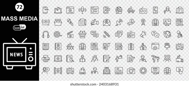 Mass media editable stroke icons collection. Related news, press, newspaper, journalism. Thin line icons set.  Simple vector illustration.