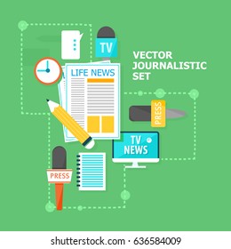 Mass media flat concept with different journalistic equipment and accessories on light orange background vector illustration