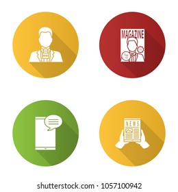 Mass media flat design long shadow glyph icons set. Press. TV presenter, magazine, chatting, electronic newspaper. Vector silhouette illustration