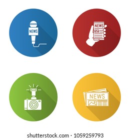 Mass media flat design long shadow glyph icons set. Press. Microphone, online news, photo camera, newspaper. Vector silhouette illustration