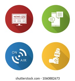 Mass media flat design long shadow glyph icons set. Press. Electronic newspaper, chatting, radio signal, microphone. Vector silhouette illustration
