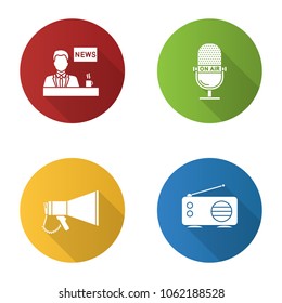 Mass media flat design long shadow glyph icons set. Press. TV presenter, microphone, megaphone, radio. Vector silhouette illustration