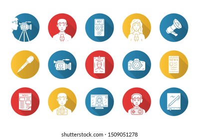 Mass media flat design long shadow glyph icons set. Press. Television, radio. Taking an interview, photographing events. News recording and filming, announcements. Vector silhouette illustration