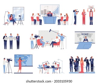 Mass media flat icons set with tv studio news reporter cameraman red carpet vlogger isolated on white background vector illustration