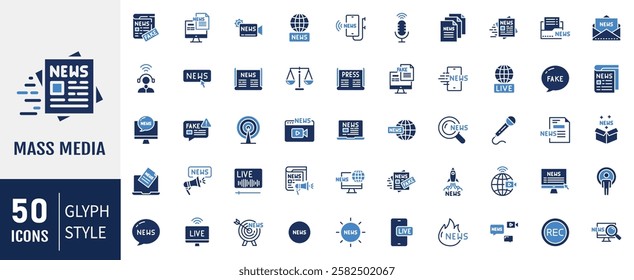 Mass media flat icons set. Containing News, press, live news, tv and more. Vector illustration