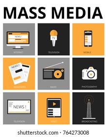 Mass media flat icons. Tv, newspaper,  internet, radio, broadcasting, camera, video, photography. Vector Illustration