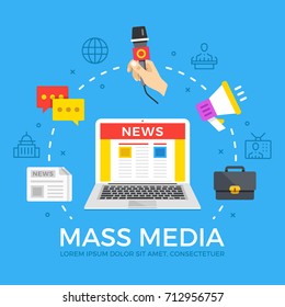 Mass media flat illustration concept. Laptop with online news website. Creative flat icons set, thin line icons set, graphic elements for web banner, web site, infographics. Modern vector illustration