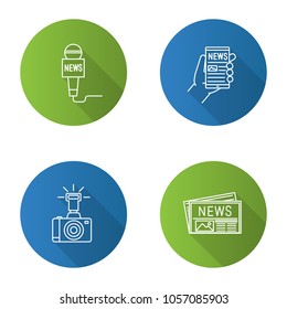Mass media flat linear long shadow icons set. Press. Microphone, online news, photo camera, newspaper. Vector outline illustration