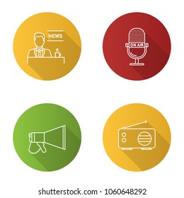 Mass media flat linear long shadow icons set. Press. TV presenter, microphone, megaphone, radio. Vector outline illustration