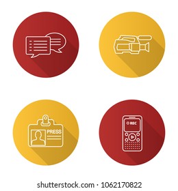Mass media flat linear long shadow icons set. Press. Chatting, video camera, press ID card, dictaphone. Vector outline illustration