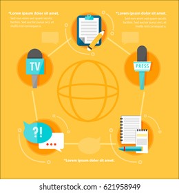 Mass media global flat infographic concept with public sources of information and journalistic elements vector illustration