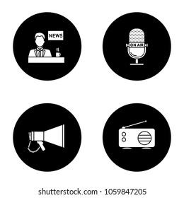 Mass media glyph icons set. Press. TV presenter, microphone, megaphone, radio. Vector white silhouettes illustrations in black circle