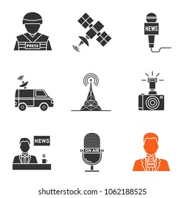 Mass media glyph icons set. Silhouette symbols. Press. War correspondent, satellite, microphones, news van, radio tower, photo camera, TV presenter. Vector isolated illustration