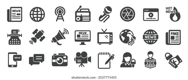 Sammlung von Symbolen für Massensymbole. Enthaltend Presse, Journalist, Nachrichten, live, Interview. Minimale Symbol- und Symbolreihen, Vektorgrafik
