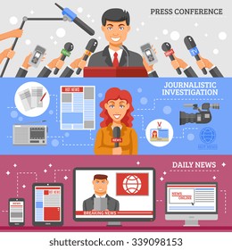 Mass media horizontal banners set with press conference journalistic investigation and daily news symbols flat isolated vector illustration 
