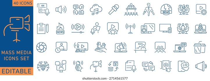 Conjunto de iconos de medios masivos. Video Contiene medios masivos, programas de televisión, periodismo, noticias, programas, reportajes, entrevistas y más. Colección de iconos de contorno. Totalmente Editable .Ilustración vectorial.