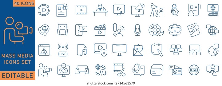 Conjunto de iconos de medios masivos. Video Contiene medios masivos, programas de televisión, periodismo, noticias, programas, reportajes, entrevistas y más. Colección de iconos de contorno. Totalmente Editable .Ilustración vectorial.