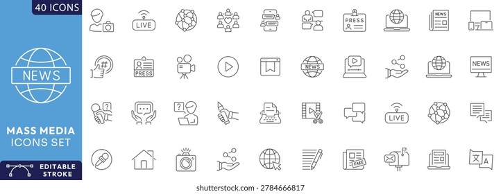 Mass Media icon set. Containing Mass media, TV show, journalism, news, , program, report, video, interview, and more. Outline Icon Collection. Fully Editable .Vector illustration.