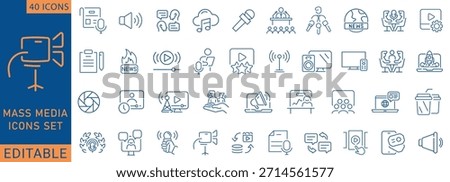 Mass Media icon set. Containing Mass media, TV show, journalism, news, , program, report, video, interview, and more. Outline Icon Collection. Fully Editable .Vector illustration.