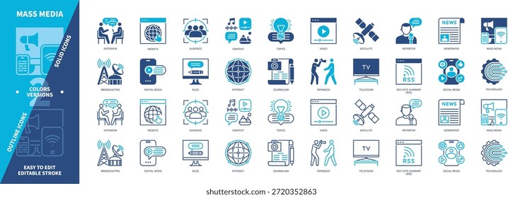 Conjunto de iconos de medios masivos. Video Medios digitales, Internet, Satélite, Televisión, Periodismo, Temas, Reportero. Iconos de contorno sólidos y editables de color duotono