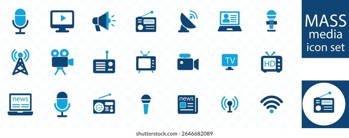 Ícone de mídia de massa define o design do outline. Contendo ícone de televisão, TV, rádio, jornal e Internet