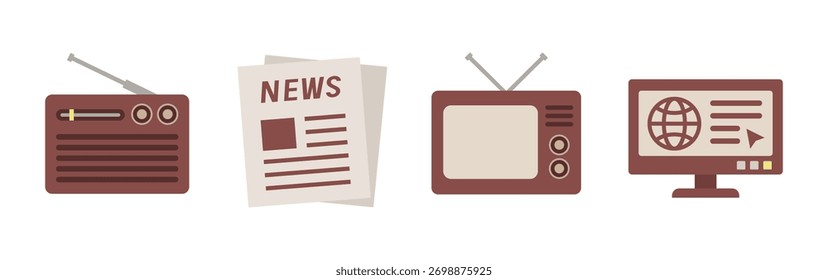 Icono de medios masivos. Conjunto de iconos planos de Vector aislados sobre fondo blanco.