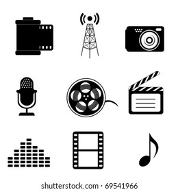 Mass media icons in black