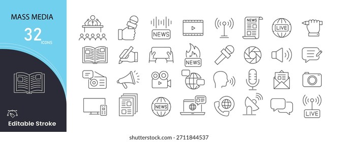 Conjunto de iconos de medios masivos. Incluye iconos para noticias, radiodifusión, periodismo, televisión, radio, periódico, comunicación, prensa, medios digitales y distribución de información. Trazo editable.