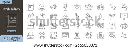 Mass Media icons set. Includes icons for TV, radio, newspaper, microphone, satellite, camera, broadcast, news, social media, and podcast. Editable stroke, line icons. 