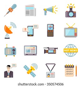 Mass media icons set with telecommunications radio and news symbols flat isolated vector illustration 