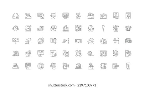 Ideas de medios masivos, iconos lineales, conjunto de señales de línea, colección de vectores