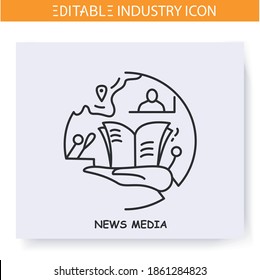 Mass Media Industry Line Icon. News, Media Content Making. Journalism. Information Share. Broadcasting. Contemporary Production Branches Concept. Isolated Vector Illustration. Editable Stroke 