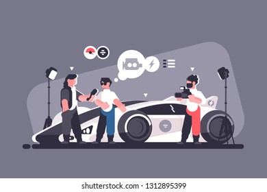 Mass media interview with experts and modern auto review. Man talking about new sport car with journalists vector illustration. Test-drive channel automobile video advertising flat style concept