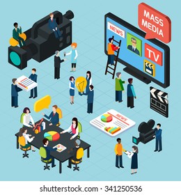 Mass media  isometric design concept set with journalists preparing news materials operators working with camera and interviewer vector illustration