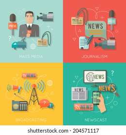 Mass Media Journalism Broadcasting News Cast Concept Flat Business Icons Set Of Paparazzi Profession Live Radio For Infographics Design Web Elements Vector Illustration