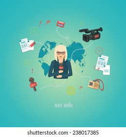 Mass media journalism broadcasting news cast concept flat