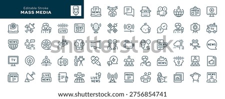 Mass media and journalism. Set of outline icons. TV show, program, news, report, video and interview and more. Line icon in linear style. Vector collection	
