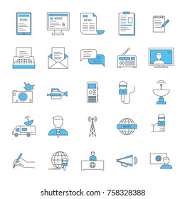 Mass Media and Journalism Thin Line Icon Set News Concept Include of Microphone, Newspaper, Tv, Camera and Computer . Vector illustration