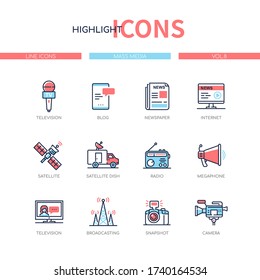 Mass media - line design style icons set. Newsmaking and the press concept. Television, blog, newspaper, internet, satellite dish, radio, megaphone, TV, broadcasting, snapshot, camera images