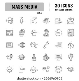 Conjunto de iconos editables de línea de medios masivos. Contiene Noticias, prensa, noticias en vivo, televisión y más. Ilustración vectorial