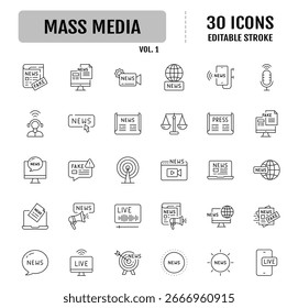 Conjunto de iconos editables de línea de medios masivos. Contiene Noticias, prensa, noticias en vivo, televisión y más. Ilustración vectorial