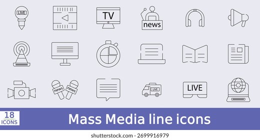 Editierbarer Symbolsatz für die Medienzeile. Mit Massenmedien, Journalismus, Nachrichten, TV-Show, Programm, Bericht, Video,