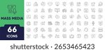 Mass Media Line Icon Set. Set of 66 outline icons including news, television, radio, microphone, press, journalism, and broadcasting. Editable stroke. Linear vector illustration.