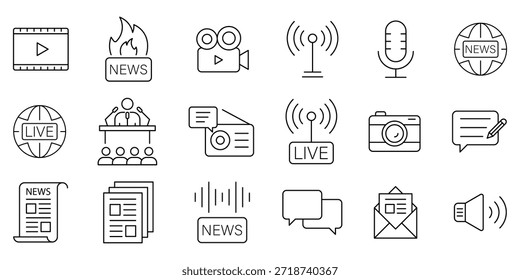Conjunto De Ícones De Linha De Mídia Em Massa. Conjunto de 18 ícones, incluindo notícias, televisão, rádio, microfone, imprensa, jornalismo e radiodifusão. Traçado editável. Ilustração vetorial.