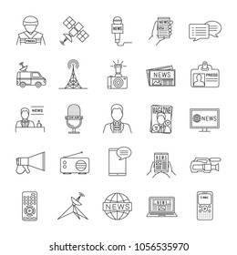 Mass media linear icons set. Press. Television, radio broadcasting. Thin line contour symbols. Isolated vector outline illustrations. Editable stroke