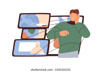 Mass media manipulation concept. Persons mind under influence, impact, control of propaganda. Man attached to manipulating information, fake news. Flat vector illustration isolated on white background