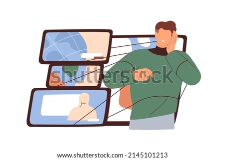 Mass media manipulation concept. Persons mind under influence, impact, control of propaganda. Man attached to manipulating information, fake news. Flat vector illustration isolated on white background
