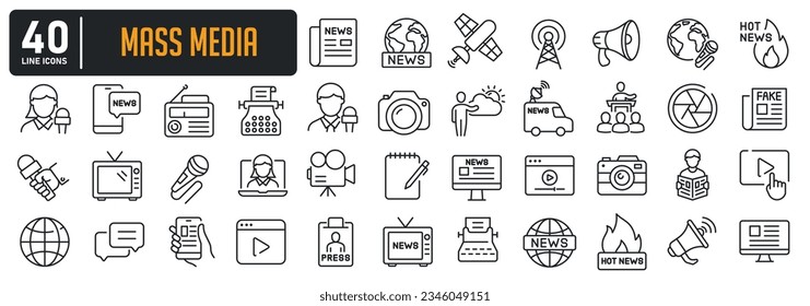 Mass media minimal thin line icons. Related news, press, newspaper, journalism. Vector illustration.