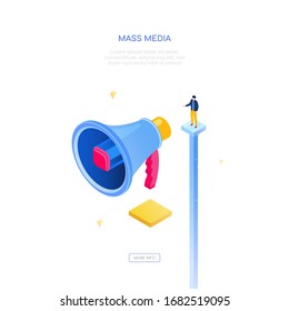Mass media - modern isometric vector web banner on white background with copy space for text. High quality illustration with a male specialist and a big megaphone. News, digital marketing theme