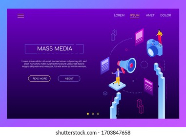 Mass media - modern isometric vector web banner on white background with copy space for text. An illustration with a man holding a megaphone, a girl with camera. Digital marketing, promotion theme